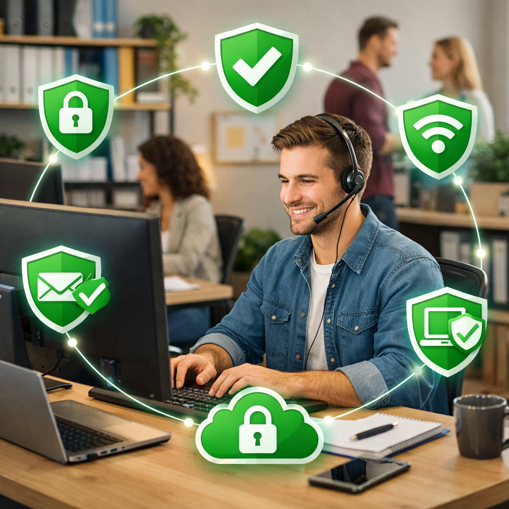 a small to medium business office showing a team member using their IT equipment with security icons showing the areas that are being monitored and pr-3
